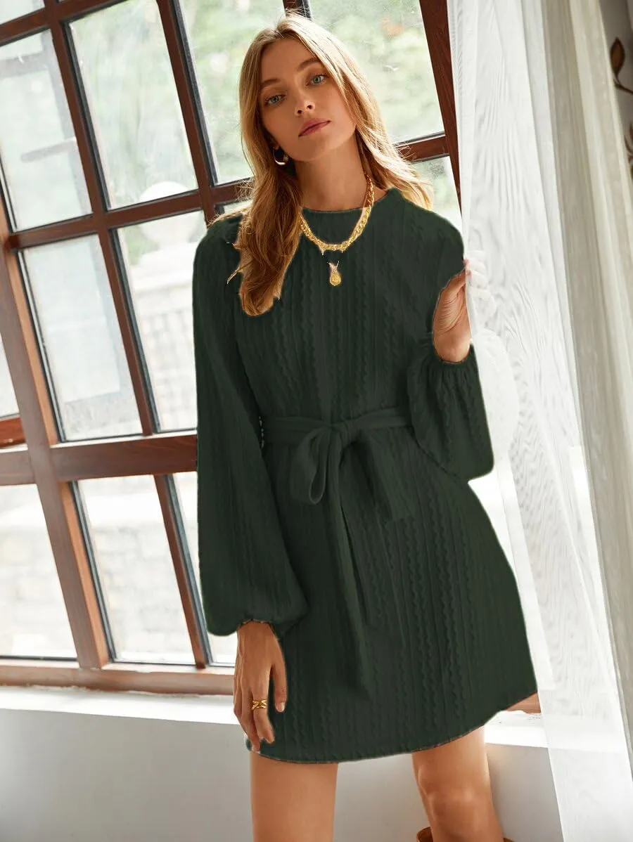 Women's Winter Sweater Dress Long Sleeve Cable Knit Belted Dress Loose Mini Tunic Pullover Sweater Dress