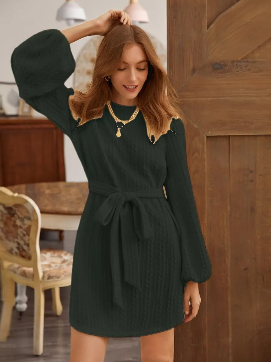 Women's Winter Sweater Dress Long Sleeve Cable Knit Belted Dress Loose Mini Tunic Pullover Sweater Dress