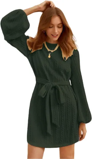 Women's Winter Sweater Dress Long Sleeve Cable Knit Belted Dress Loose Mini Tunic Pullover Sweater Dress