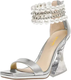 XYD Square Open Toe Ankle Strap Dress Sandals Chunky Heels Platform Rhinestone Transparent High Heeled Pumps Back Zip Prom Wedding Shoes for Women