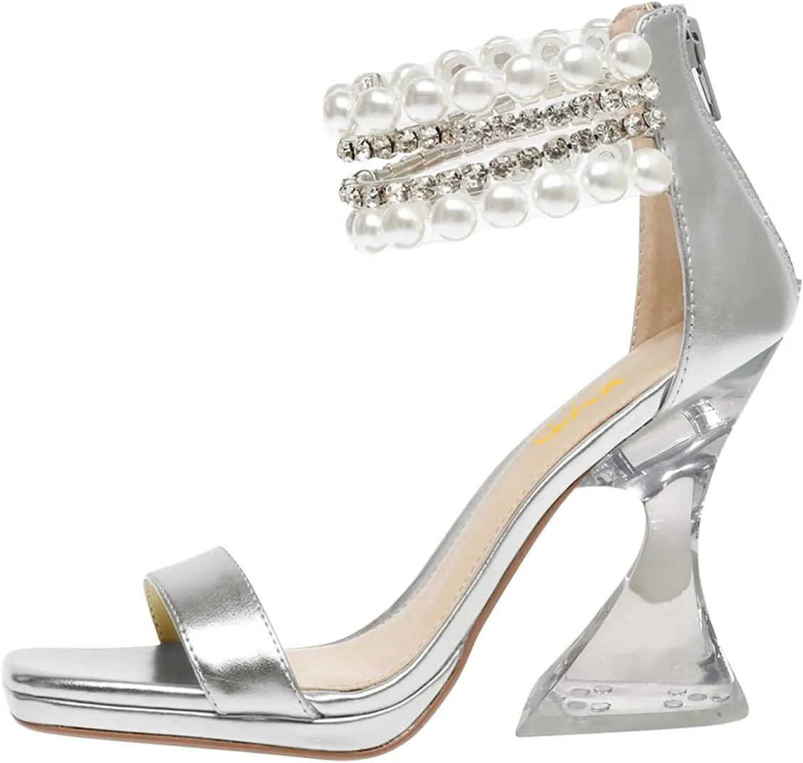 XYD Square Open Toe Ankle Strap Dress Sandals Chunky Heels Platform Rhinestone Transparent High Heeled Pumps Back Zip Prom Wedding Shoes for Women
