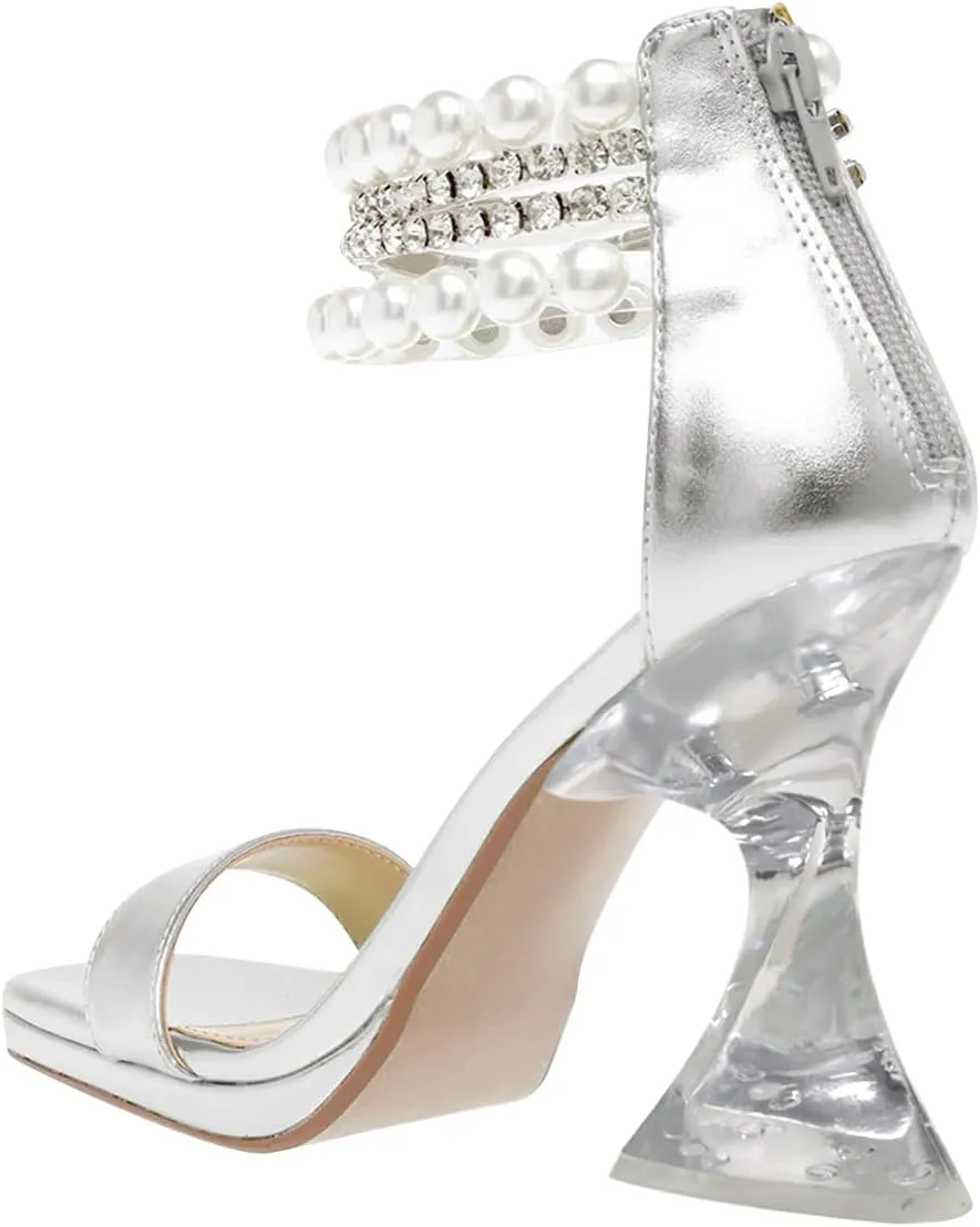 XYD Square Open Toe Ankle Strap Dress Sandals Chunky Heels Platform Rhinestone Transparent High Heeled Pumps Back Zip Prom Wedding Shoes for Women