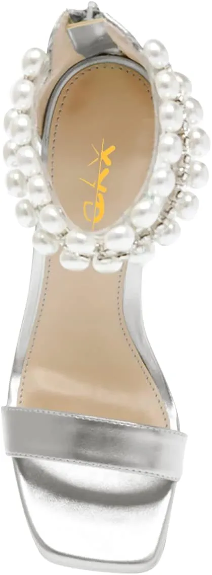 XYD Square Open Toe Ankle Strap Dress Sandals Chunky Heels Platform Rhinestone Transparent High Heeled Pumps Back Zip Prom Wedding Shoes for Women