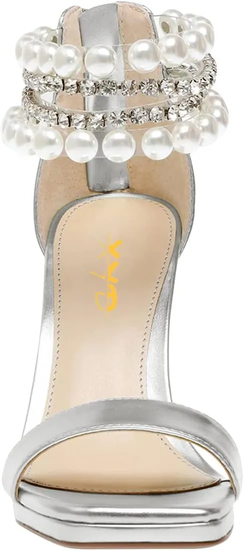 XYD Square Open Toe Ankle Strap Dress Sandals Chunky Heels Platform Rhinestone Transparent High Heeled Pumps Back Zip Prom Wedding Shoes for Women