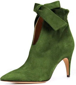 XYD Women Classical Pointed Toe Ankle Booties Dress Low Kitten Heels Graceful Bow Pull-on Boots Party Festival Shoes