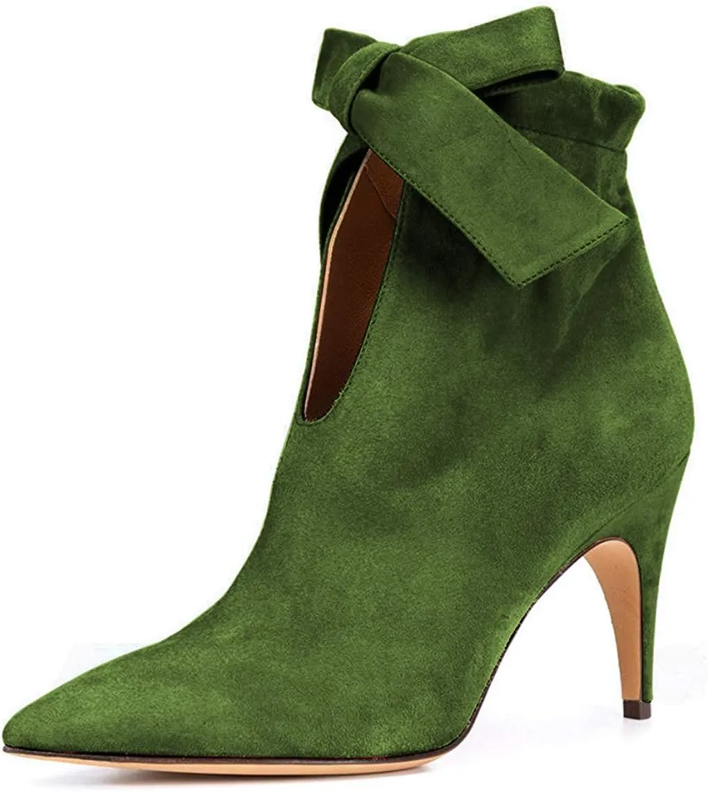 XYD Women Classical Pointed Toe Ankle Booties Dress Low Kitten Heels Graceful Bow Pull-on Boots Party Festival Shoes