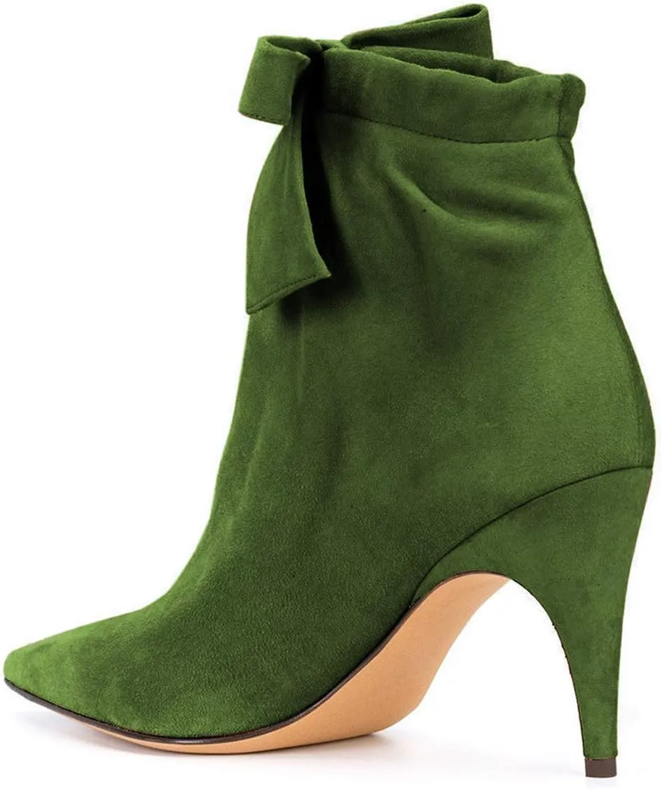 XYD Women Classical Pointed Toe Ankle Booties Dress Low Kitten Heels Graceful Bow Pull-on Boots Party Festival Shoes
