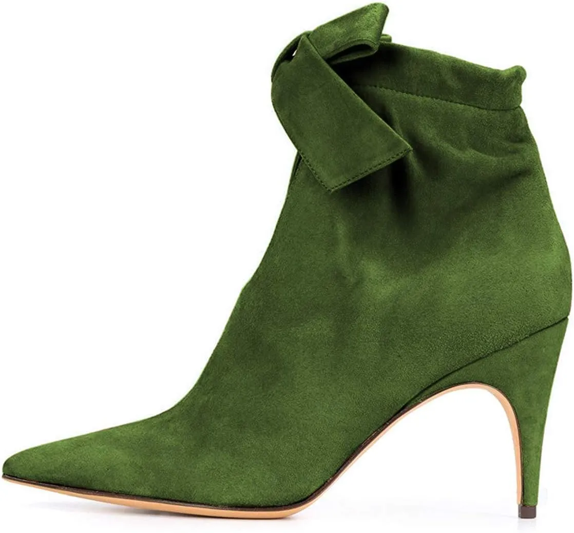 XYD Women Classical Pointed Toe Ankle Booties Dress Low Kitten Heels Graceful Bow Pull-on Boots Party Festival Shoes