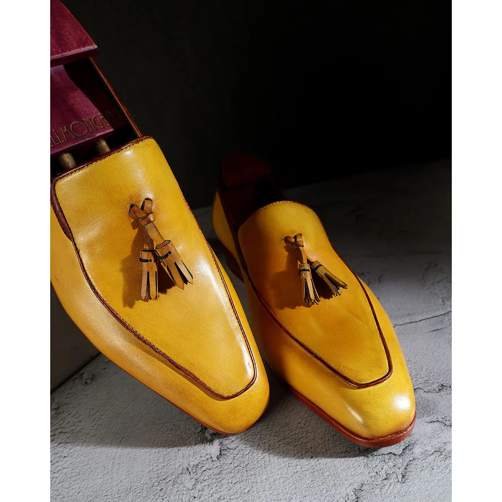 Yellow Mustard Mirror Glossed Patina Square Toe Tassel Loafers