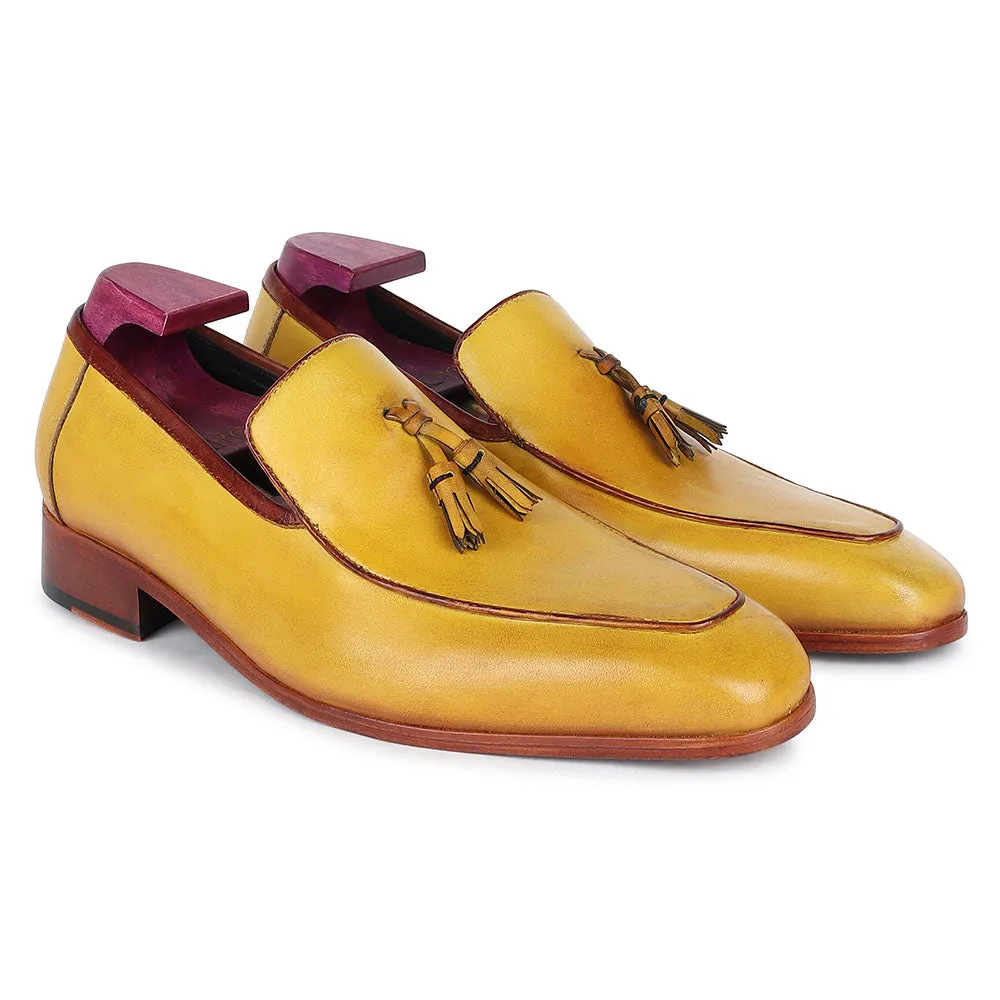 Yellow Mustard Mirror Glossed Patina Square Toe Tassel Loafers