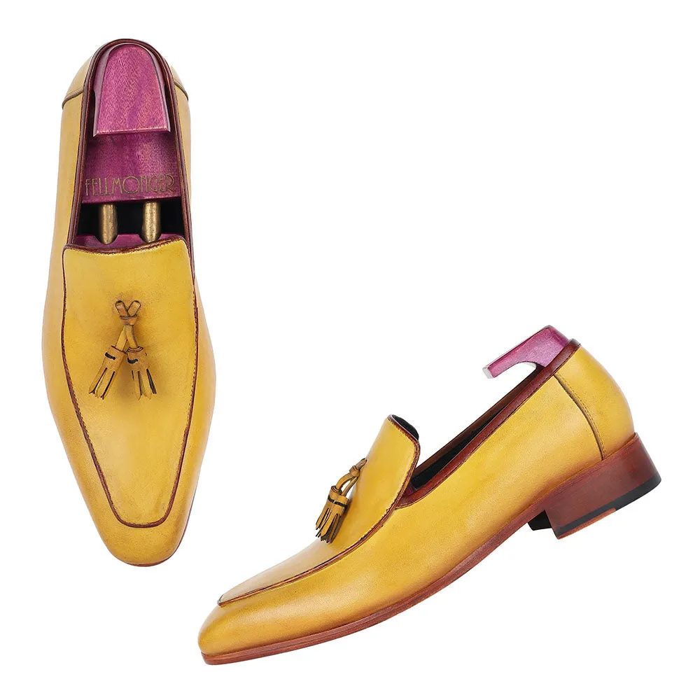Yellow Mustard Mirror Glossed Patina Square Toe Tassel Loafers