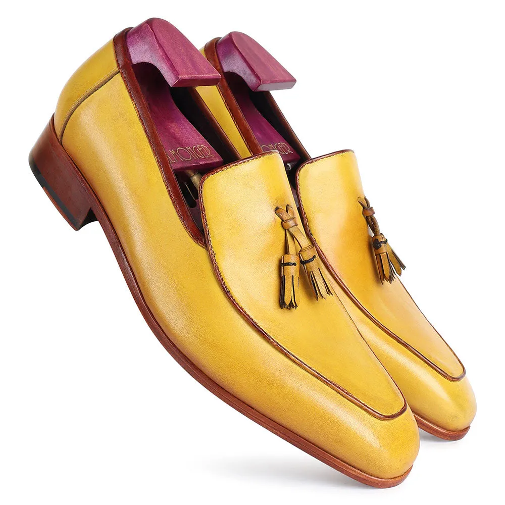 Yellow Mustard Mirror Glossed Patina Square Toe Tassel Loafers