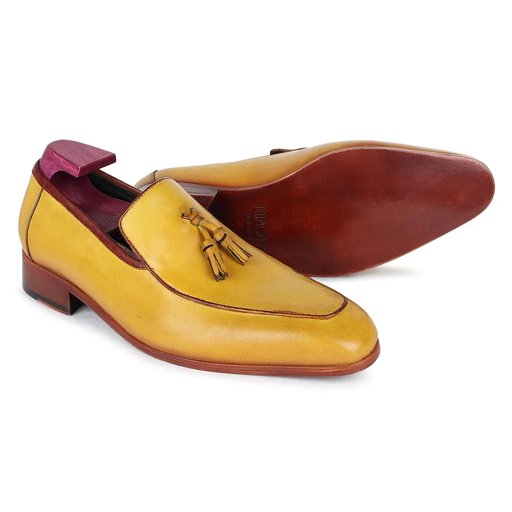 Yellow Mustard Mirror Glossed Patina Square Toe Tassel Loafers