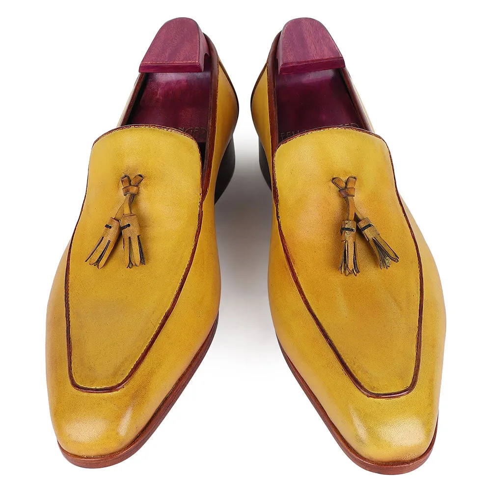 Yellow Mustard Mirror Glossed Patina Square Toe Tassel Loafers