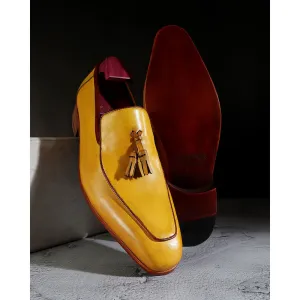 Yellow Mustard Mirror Glossed Patina Square Toe Tassel Loafers