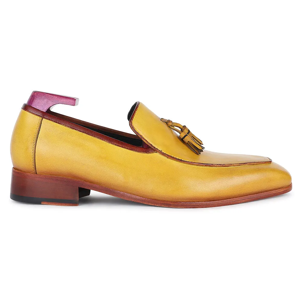 Yellow Mustard Mirror Glossed Patina Square Toe Tassel Loafers