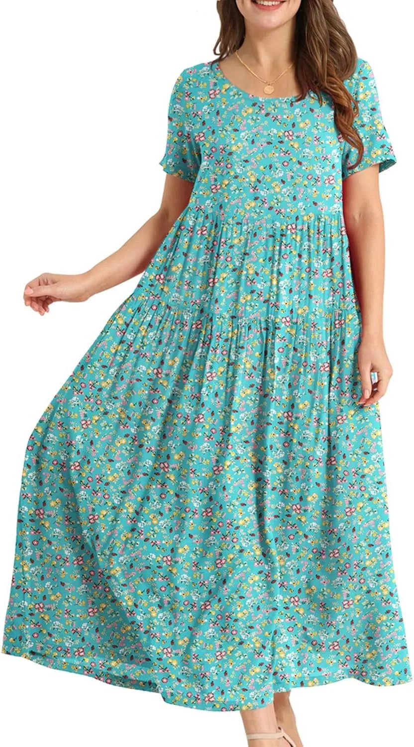 YESNO Women Casual Loose Bohemian Floral Dress with Pockets Short Sleeve Long Maxi Summer Beach Swing Dress EJF