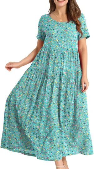 YESNO Women Casual Loose Bohemian Floral Dress with Pockets Short Sleeve Long Maxi Summer Beach Swing Dress EJF