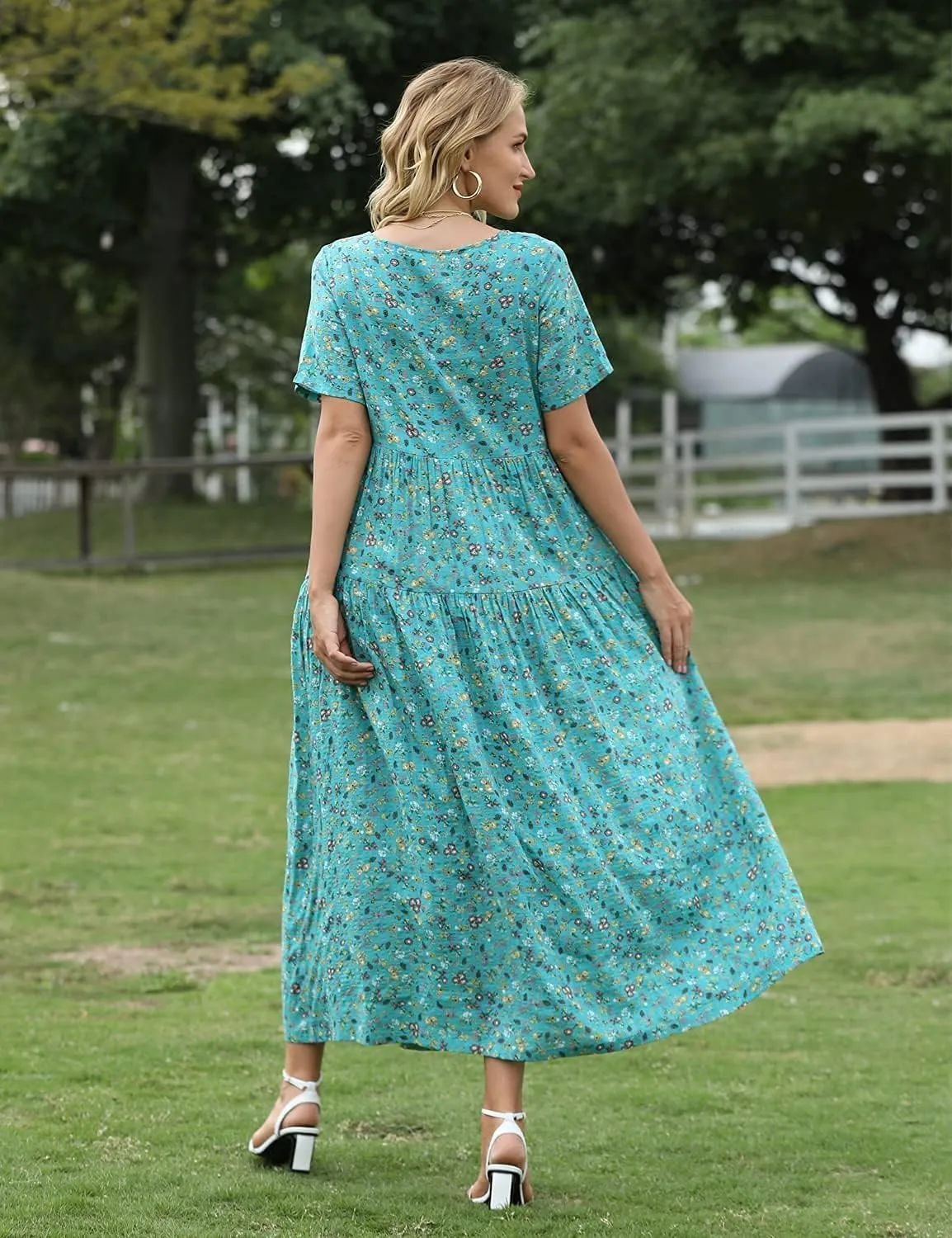 YESNO Women Casual Loose Bohemian Floral Dress with Pockets Short Sleeve Long Maxi Summer Beach Swing Dress EJF