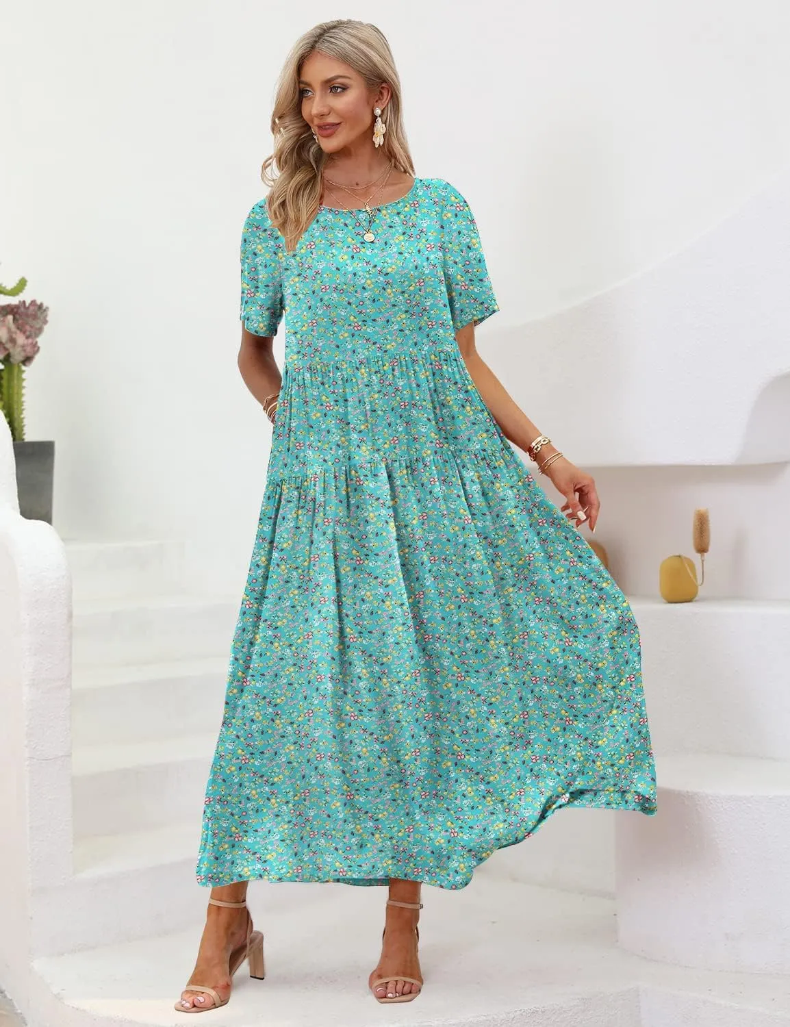 YESNO Women Casual Loose Bohemian Floral Dress with Pockets Short Sleeve Long Maxi Summer Beach Swing Dress EJF