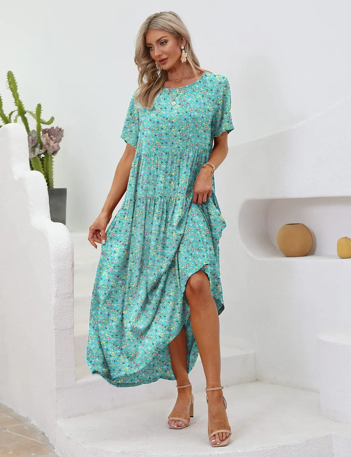 YESNO Women Casual Loose Bohemian Floral Dress with Pockets Short Sleeve Long Maxi Summer Beach Swing Dress EJF