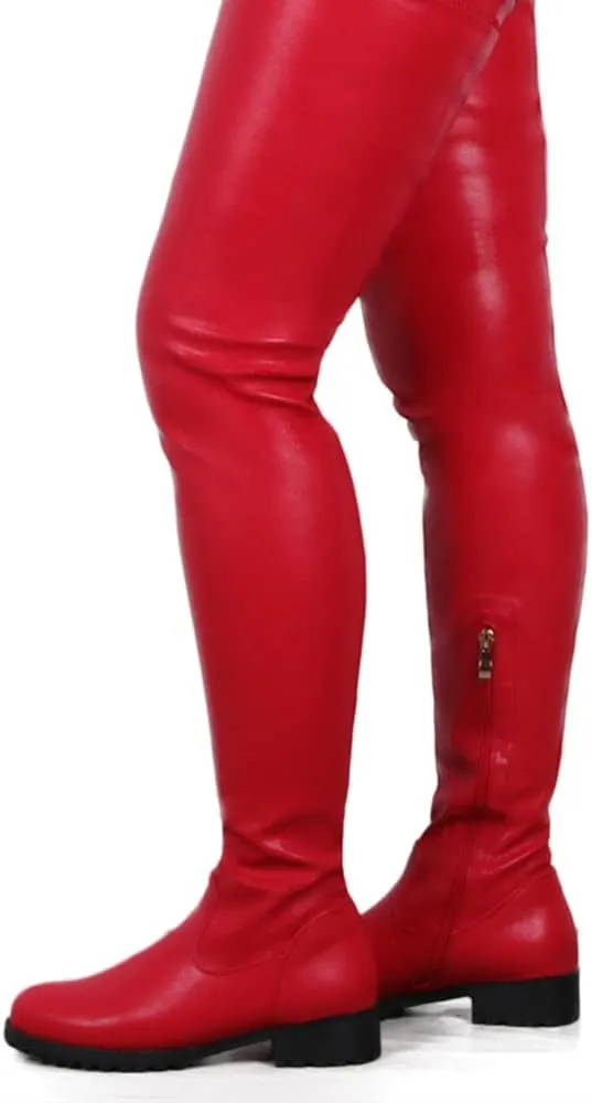 YING LAN Over the Knee High Boots for Women Sexy Zipper Round Toe Low Chunky Heel Faux Leather Surgical Stretch Riding Thigh High Boots
