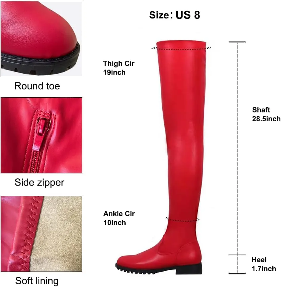 YING LAN Over the Knee High Boots for Women Sexy Zipper Round Toe Low Chunky Heel Faux Leather Surgical Stretch Riding Thigh High Boots