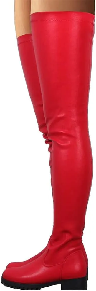 YING LAN Over the Knee High Boots for Women Sexy Zipper Round Toe Low Chunky Heel Faux Leather Surgical Stretch Riding Thigh High Boots