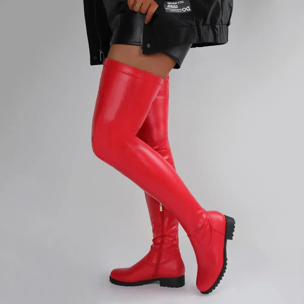 YING LAN Over the Knee High Boots for Women Sexy Zipper Round Toe Low Chunky Heel Faux Leather Surgical Stretch Riding Thigh High Boots