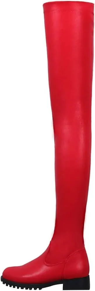 YING LAN Over the Knee High Boots for Women Sexy Zipper Round Toe Low Chunky Heel Faux Leather Surgical Stretch Riding Thigh High Boots