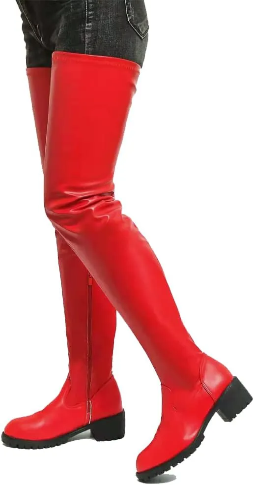 YING LAN Over the Knee High Boots for Women Sexy Zipper Round Toe Low Chunky Heel Faux Leather Surgical Stretch Riding Thigh High Boots
