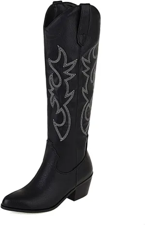 YING LAN Western Cowboy Boots for Women, Knee High Wide Calf Cowgirl Boots with Classic Embroidered Retro Pull On Chunky Heel Boot