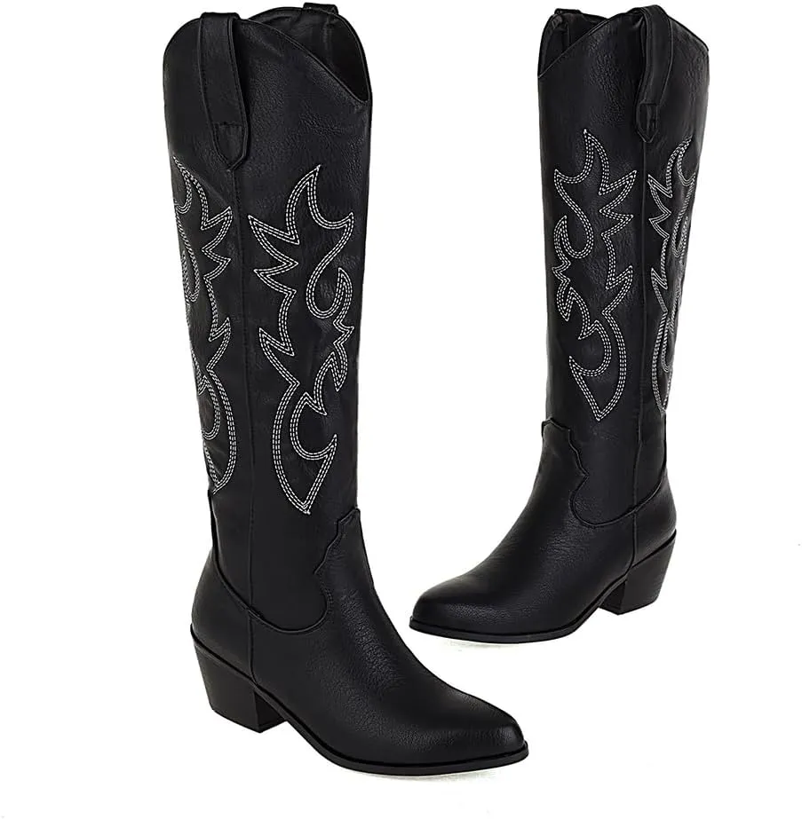 YING LAN Western Cowboy Boots for Women, Knee High Wide Calf Cowgirl Boots with Classic Embroidered Retro Pull On Chunky Heel Boot
