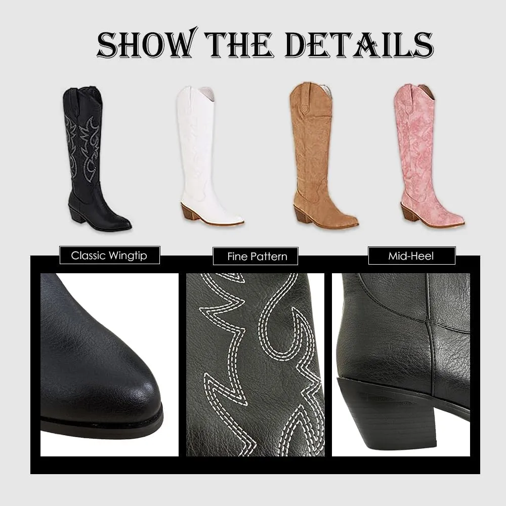 YING LAN Western Cowboy Boots for Women, Knee High Wide Calf Cowgirl Boots with Classic Embroidered Retro Pull On Chunky Heel Boot