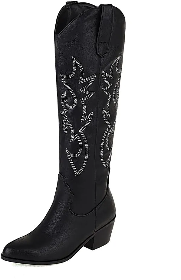 YING LAN Western Cowboy Boots for Women, Knee High Wide Calf Cowgirl Boots with Classic Embroidered Retro Pull On Chunky Heel Boot