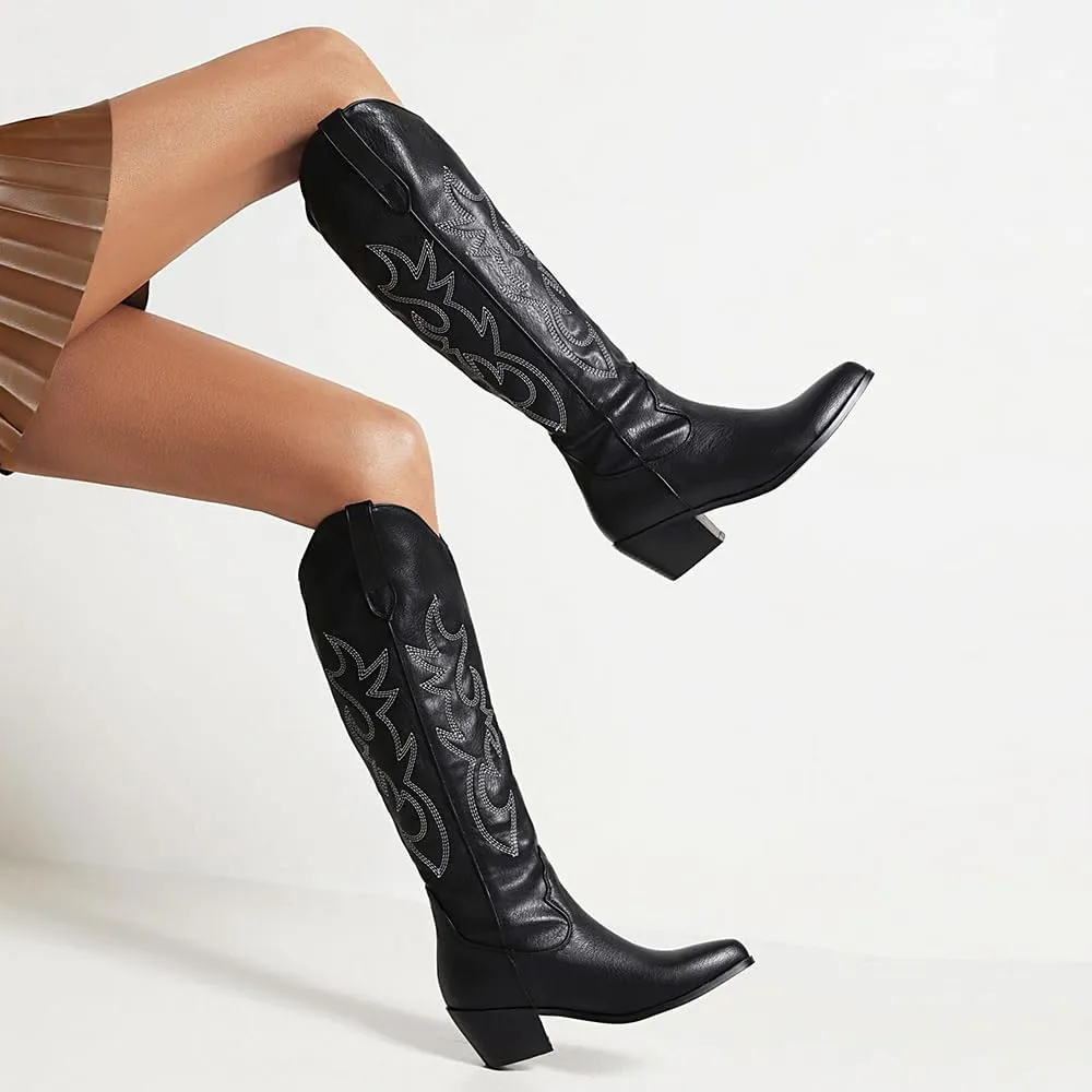 YING LAN Western Cowboy Boots for Women, Knee High Wide Calf Cowgirl Boots with Classic Embroidered Retro Pull On Chunky Heel Boot