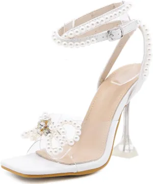 YIYA Women's Open Square Toe White Clear Pearl Heels Sandals with Rhinestone Bow Strappy Pearl Ankle Strap Stiletto High Heels for Party Wedding