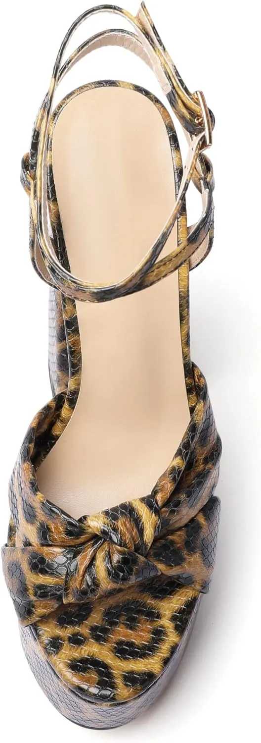YODEKS Women's High Heels Sandals| Chunky Heel Platform Pumps| Peep Toe Ankle Strap Fashion Animal Print Summer Dress Shoes