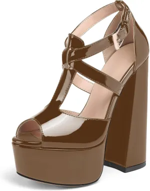 YODEKS Women's Peep Toe Chunky Heel Sandals Ankle Strap Platform Wedding Shoes