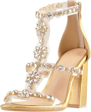 Yolkomo Women's Clear Strappy Rhinestones Gladiator Heels T-Strap Chunky Sandals