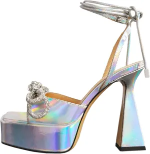 Yolkomo Women's Platform Chunky Heel Sandals Square Toe Rhinestone Bow Heels