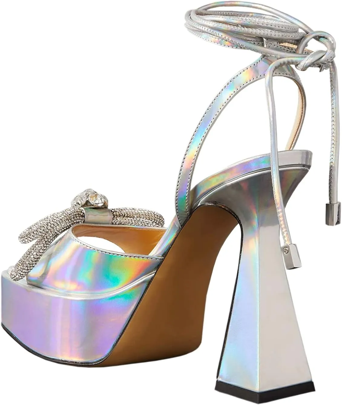 Yolkomo Women's Platform Chunky Heel Sandals Square Toe Rhinestone Bow Heels