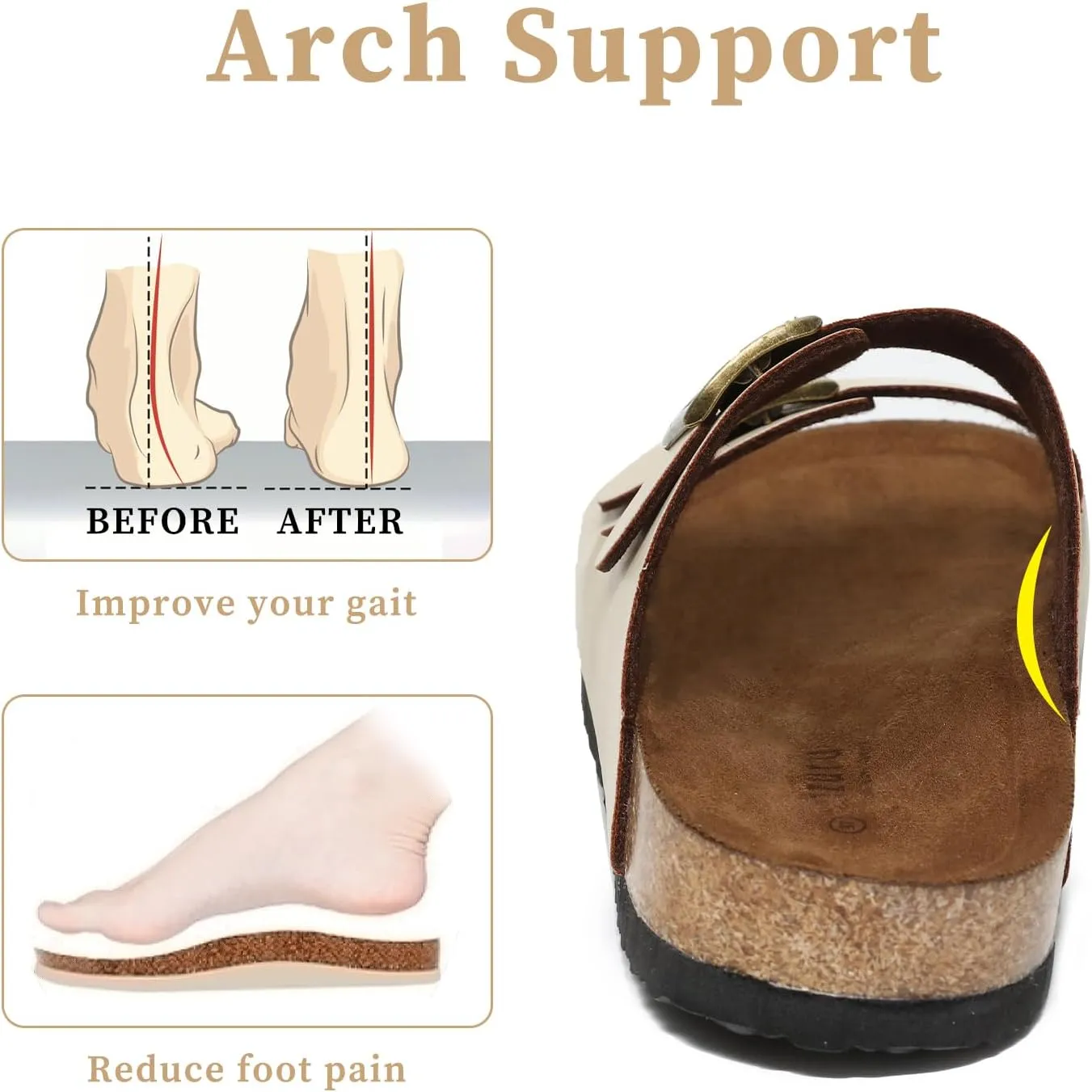 Yozuru Womens Flat Sandals Cork Footbed Slides with Arch Support Adjustable Buckle Slip on Slides Summer Open Toe Beach Sandals