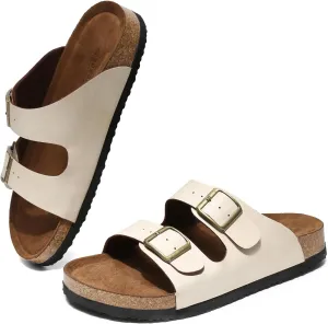 Yozuru Womens Flat Sandals Cork Footbed Slides with Arch Support Adjustable Buckle Slip on Slides Summer Open Toe Beach Sandals