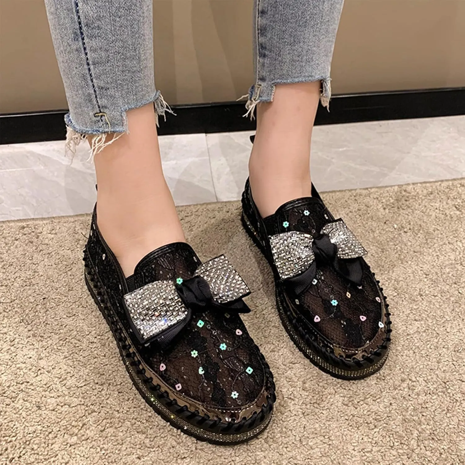 YTINGNICE Women's Rhinestones Platform Loafer,Women's Platform Rhinestones Glitter Sneaker,Cute Bowknot Glitter Bling Loafers (Black,Women-US-8)