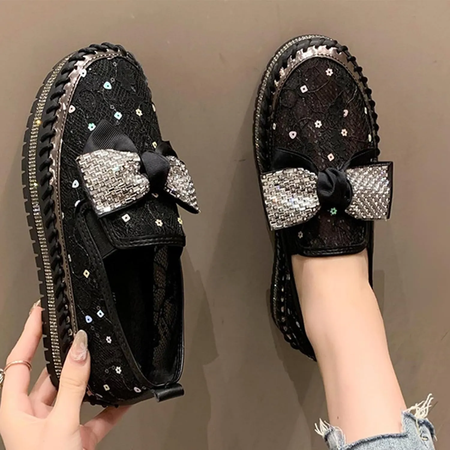 YTINGNICE Women's Rhinestones Platform Loafer,Women's Platform Rhinestones Glitter Sneaker,Cute Bowknot Glitter Bling Loafers (Black,Women-US-8)