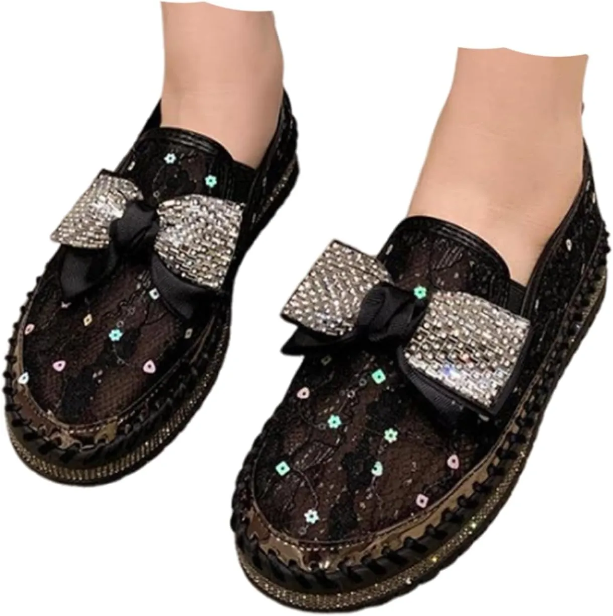 YTINGNICE Women's Rhinestones Platform Loafer,Women's Platform Rhinestones Glitter Sneaker,Cute Bowknot Glitter Bling Loafers (Black,Women-US-8)