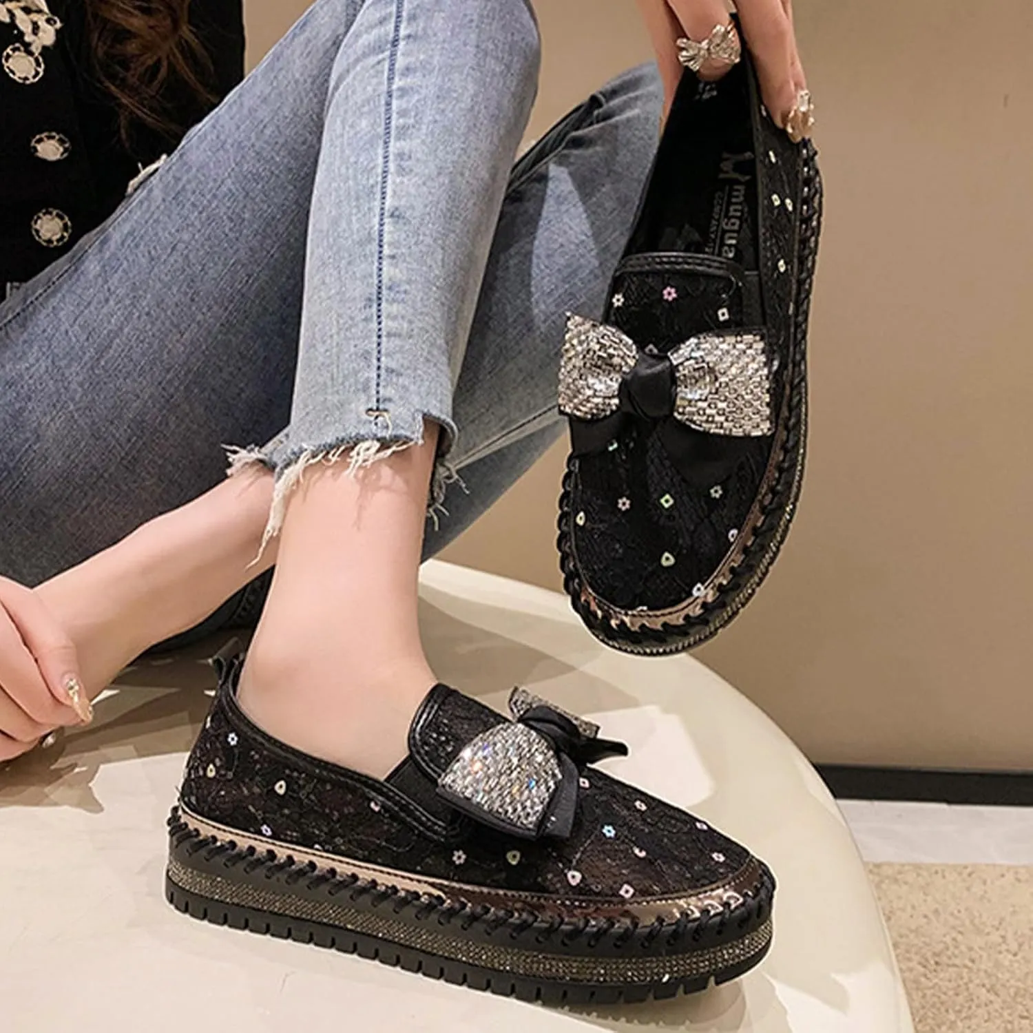 YTINGNICE Women's Rhinestones Platform Loafer,Women's Platform Rhinestones Glitter Sneaker,Cute Bowknot Glitter Bling Loafers (Black,Women-US-8)