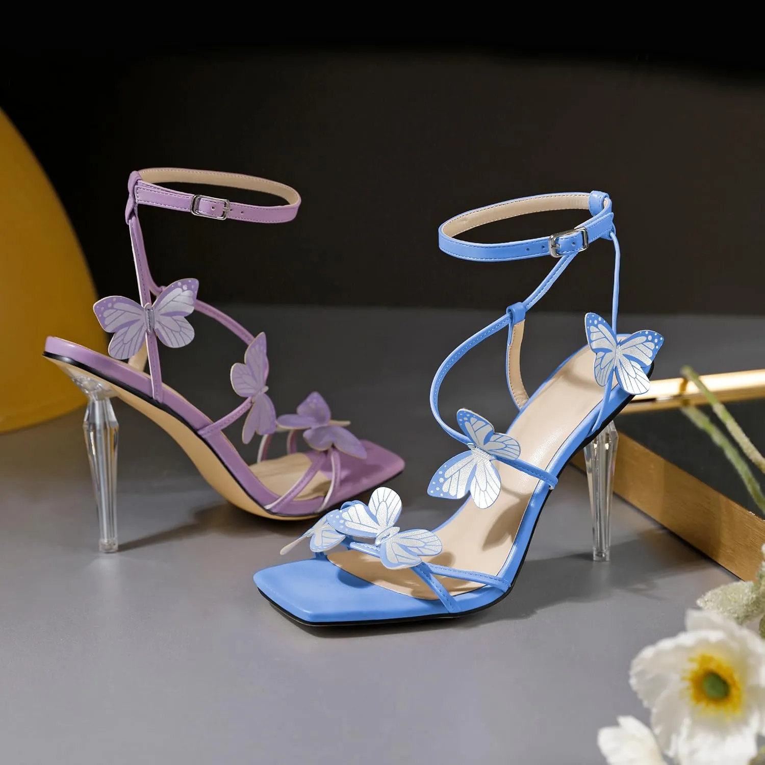 Zamikoo Open Toe Ankle Strap High Heels for Women, Square Toe Butterfly Heeled Sandals, Strappy Clear Stiletto Butterfly Heels 4 Incheses