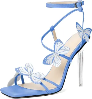 Zamikoo Open Toe Ankle Strap High Heels for Women, Square Toe Butterfly Heeled Sandals, Strappy Clear Stiletto Butterfly Heels 4 Incheses